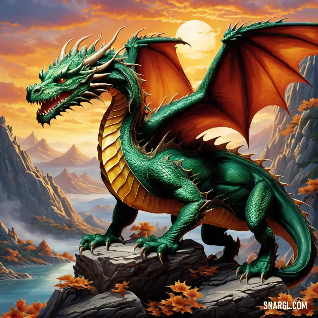 Green Dragon with orange wings standing on a rock in front of a mountain landscape with a full moon