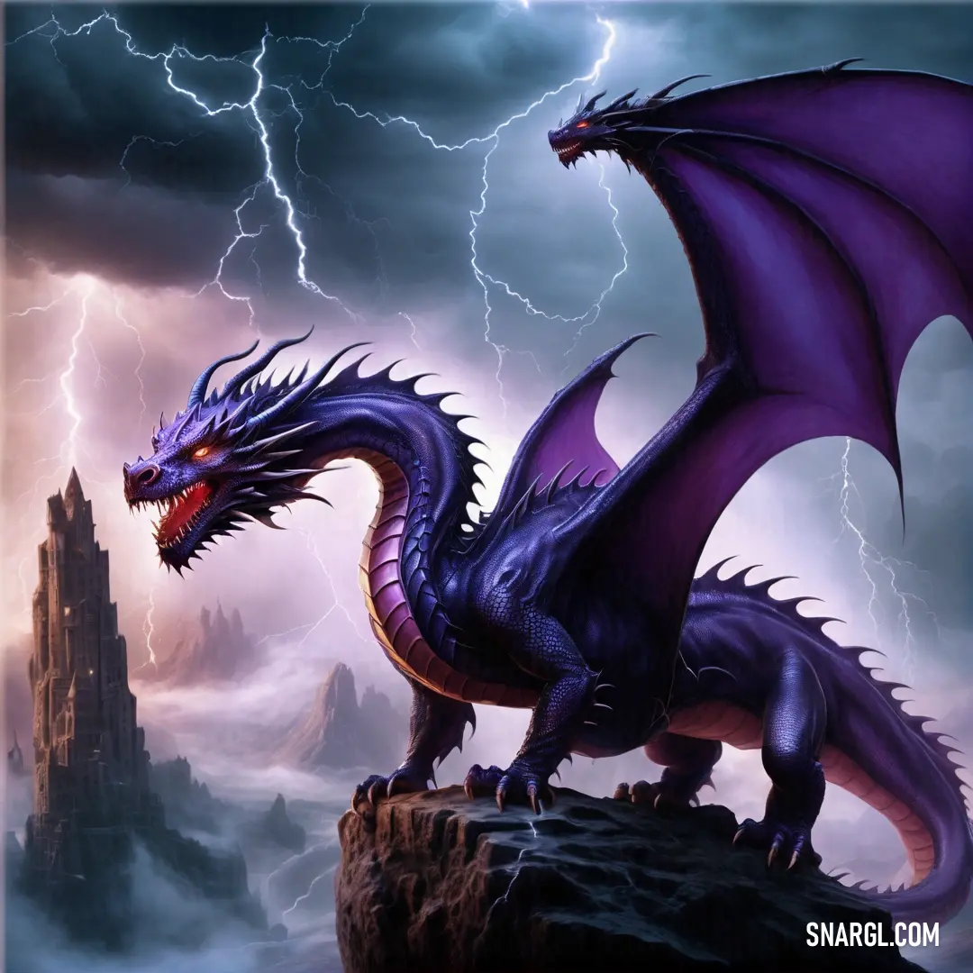 Purple Dragon standing on a rock in front of a lightning storm with a castle in the background