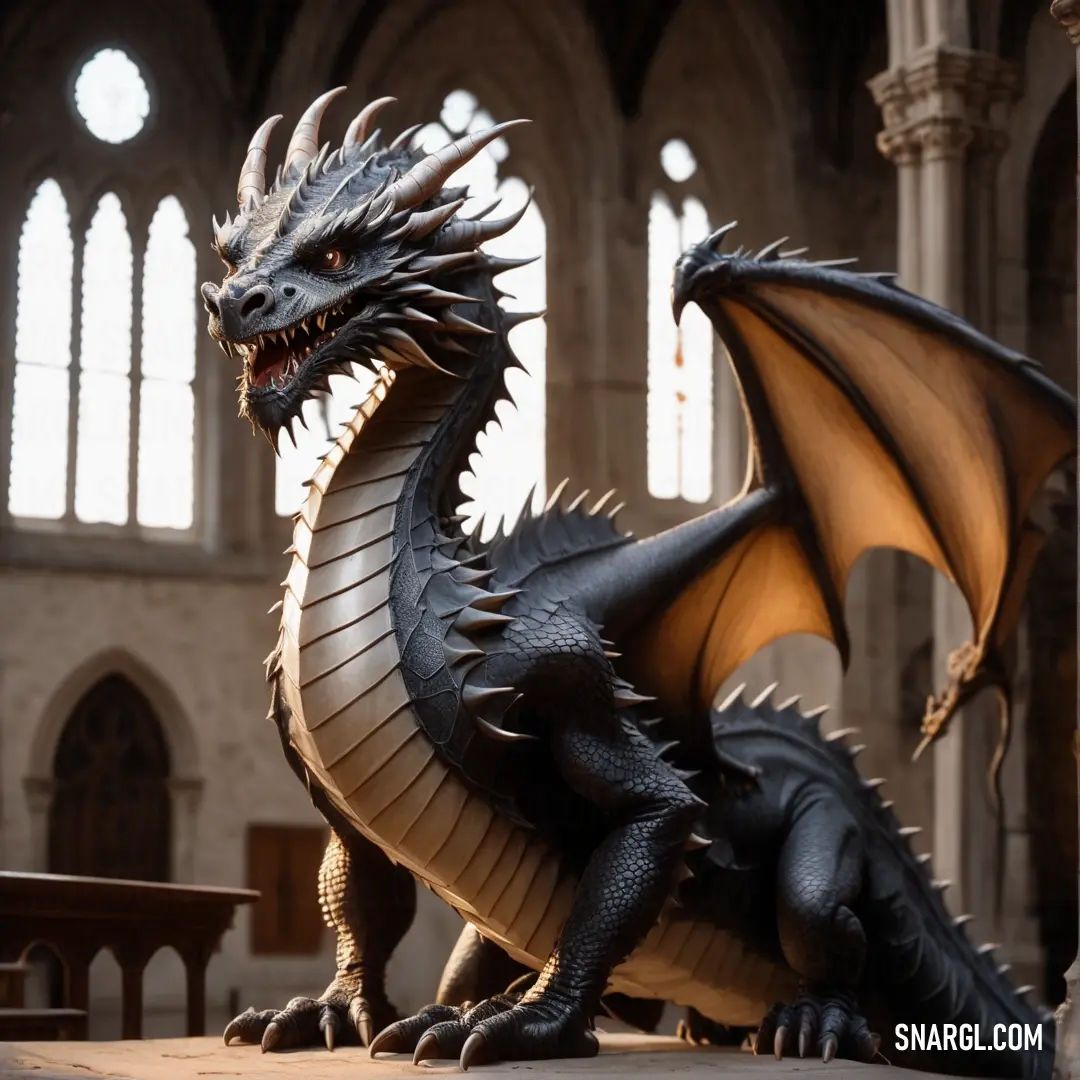 Statue of a Dragon in a cathedral with a large window in the background