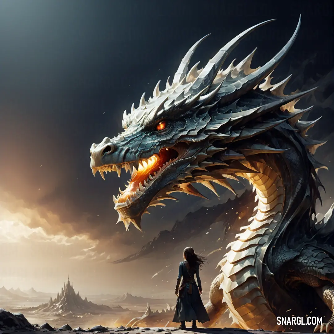 Dragon standing next to a dragon on a desert landscape with a sky background