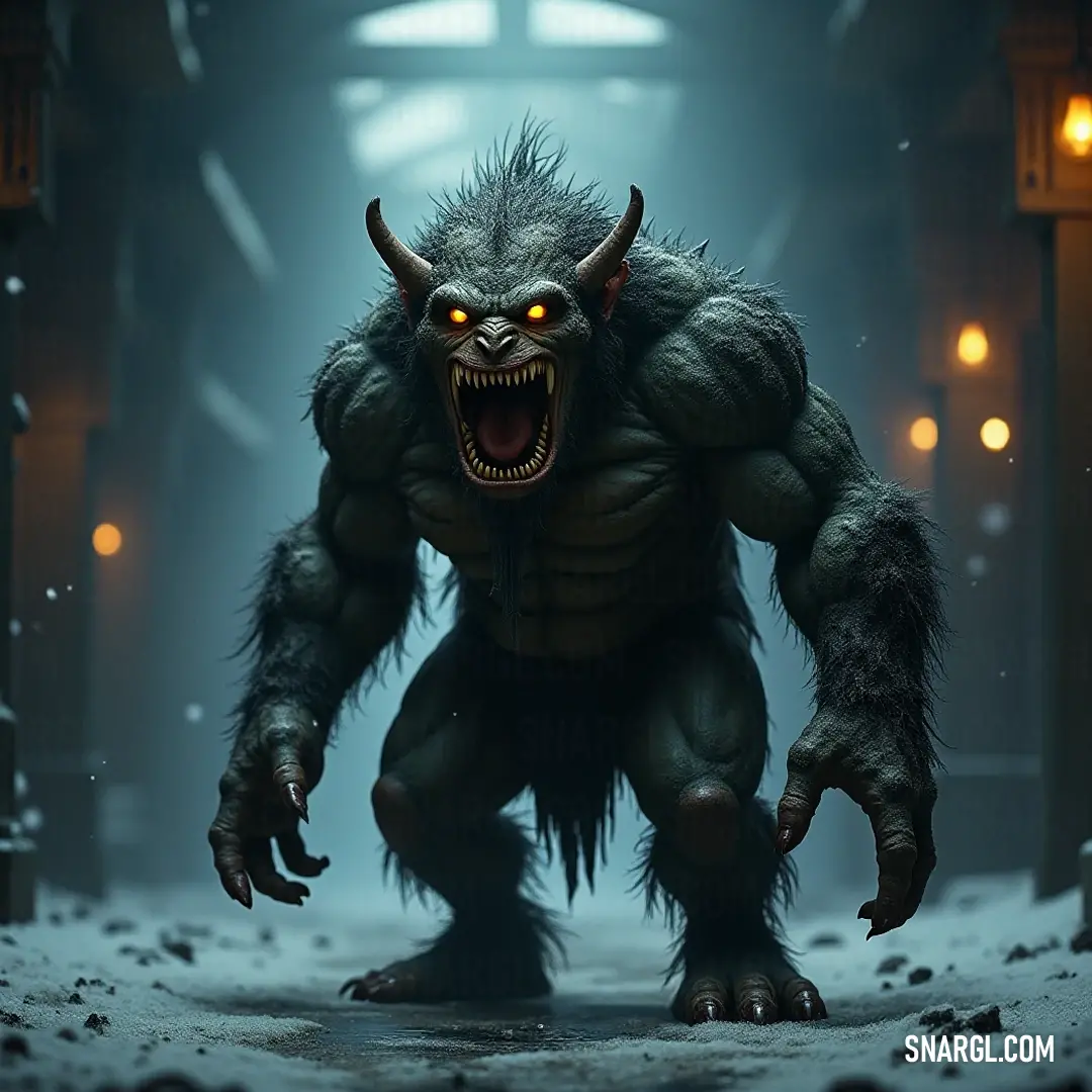 Inside a shadowy room, a Drak with a massive open mouth and sharp teeth is dramatically illuminated by ceiling lights and a flickering lantern, presenting a thrilling encounter with this fearsome creature lurking in the darkness.