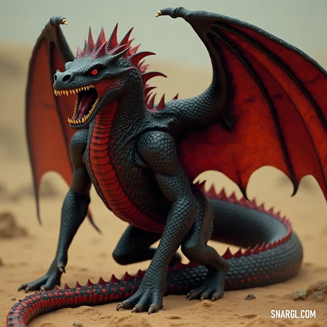 Charming Toy Drake with red wings and a sleek black body, positioned on sandy terrain against a clean white backdrop. A striking Toy Drake with vibrant red wings rests on a sandy surface, its sleek black body contrasting against the backdrop of a simple white, creating an eye-catching spectacle that sparks the imagination of young adventurers.