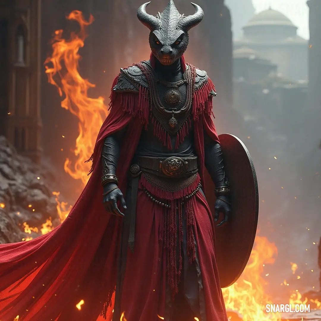 Against the backdrop of a burning city, a striking king robed in red and adorned with a horned headdress stands tall, exuding power and a noble spirit that tells a tale of heroic battles amidst the inferno. A regal figure draped in a splendid red outfit, adorned with a horned headdress, stands before a looming city ablaze in flames, commanding respect while embodying the essence of power and mystery amidst the chaos.