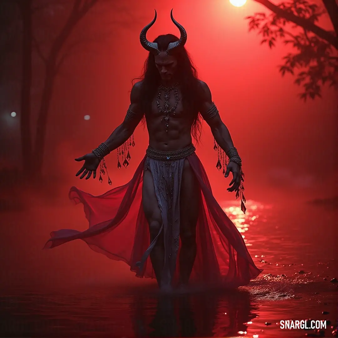 With his horns and crimson cape, Drakos walks through the water under the cover of night, a fiery glow lighting up the backdrop with intense red hues. A towering Drakos with fierce horns, dressed in a striking red cape, strides confidently through dark waters at night. A fiery red glow from behind adds an intense backdrop to his powerful form.