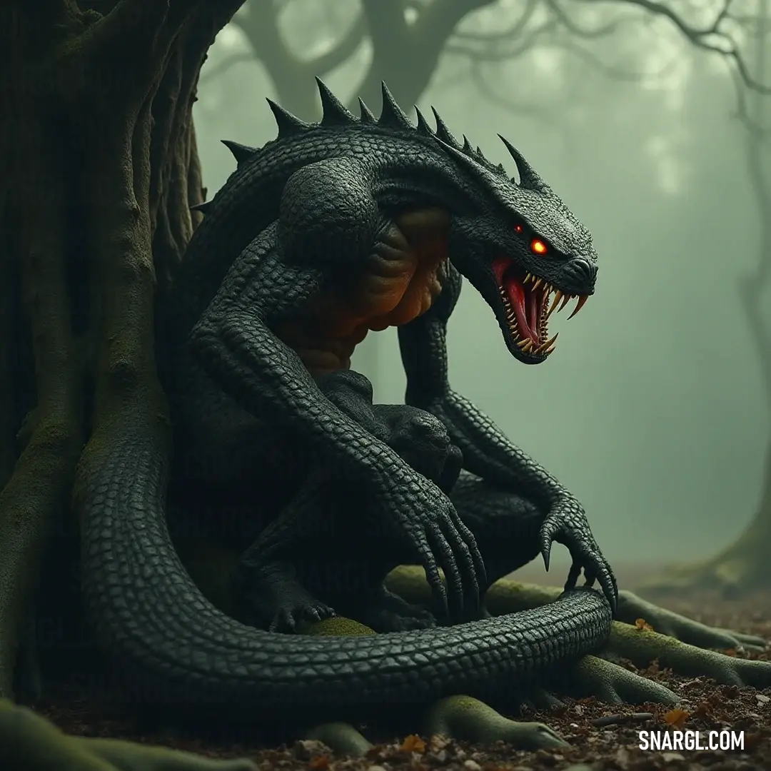 A haunting Black Draugr stands ominously beside a gnarled tree, its menacing mouth agape, glowing eyes piercing through the enveloping darkness of the eerie forest night.