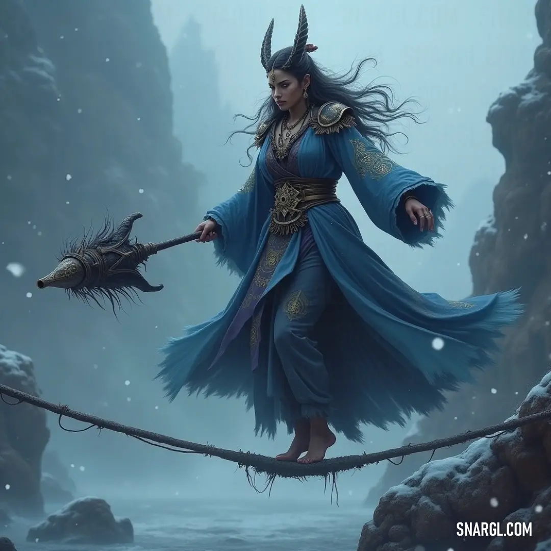 A woman walks across a bridge, holding a stick and a freshly caught fish, stepping confidently over calm waters. A determined woman crosses a bridge with a stick in one hand and a fish in the other, moving with purpose across a peaceful waterway.