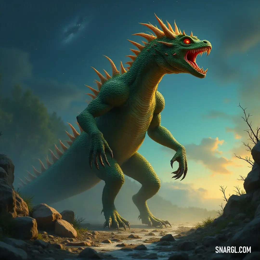 The dread basilisk stands on rocky terrain, fierce and imposing with its mouth wide open against a dramatic sky. A dread basilisk stands proudly against a dramatic sky, its mouth wide open in an imposing stance, as if preparing to unleash its roar, while the rough rocky landscape emphasizes its fearsome stature.