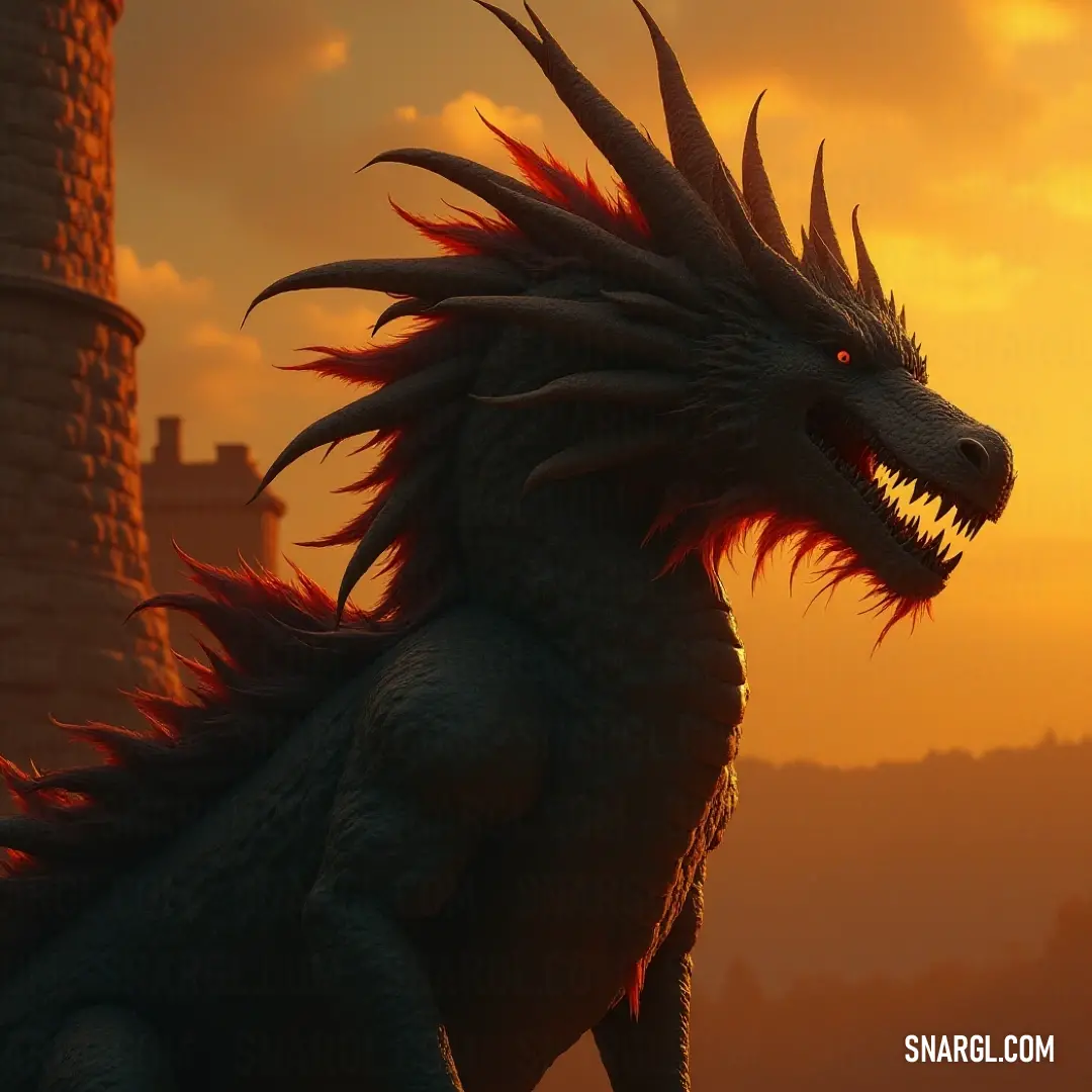 The dread basilisk statue stands before a majestic castle at sunset, embodying strength and mystery. A striking dread basilisk statue stands valiantly in front of an ancient castle, bathed in the warm hues of sunset, its formidable silhouette casting long shadows as the day fades away.