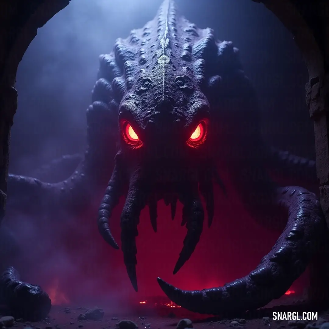The Dread Leviathan stands dominantly, its glaring eyes aflame with fury, a terrifying symbol of the darkness lurking in the depths of the ocean. A fearsome Dread Leviathan towers above, its enormous head and glowing eyes radiating an aura of dread, a monumental presence in the shadowy depths.