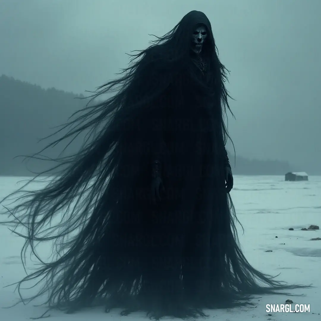 Against the backdrop of a frosty field and towering mountains, a Dread Soul draped in a midnight robe embodies the poignant beauty of solitude and the echoes of tales untold woven into the winter landscape. A ghostly Dread Soul with flowing hair and a dark robe stands in a snow-covered field, with a majestic mountain looming in the background, evoking emotions of solitude and the ephemeral nature of existence.