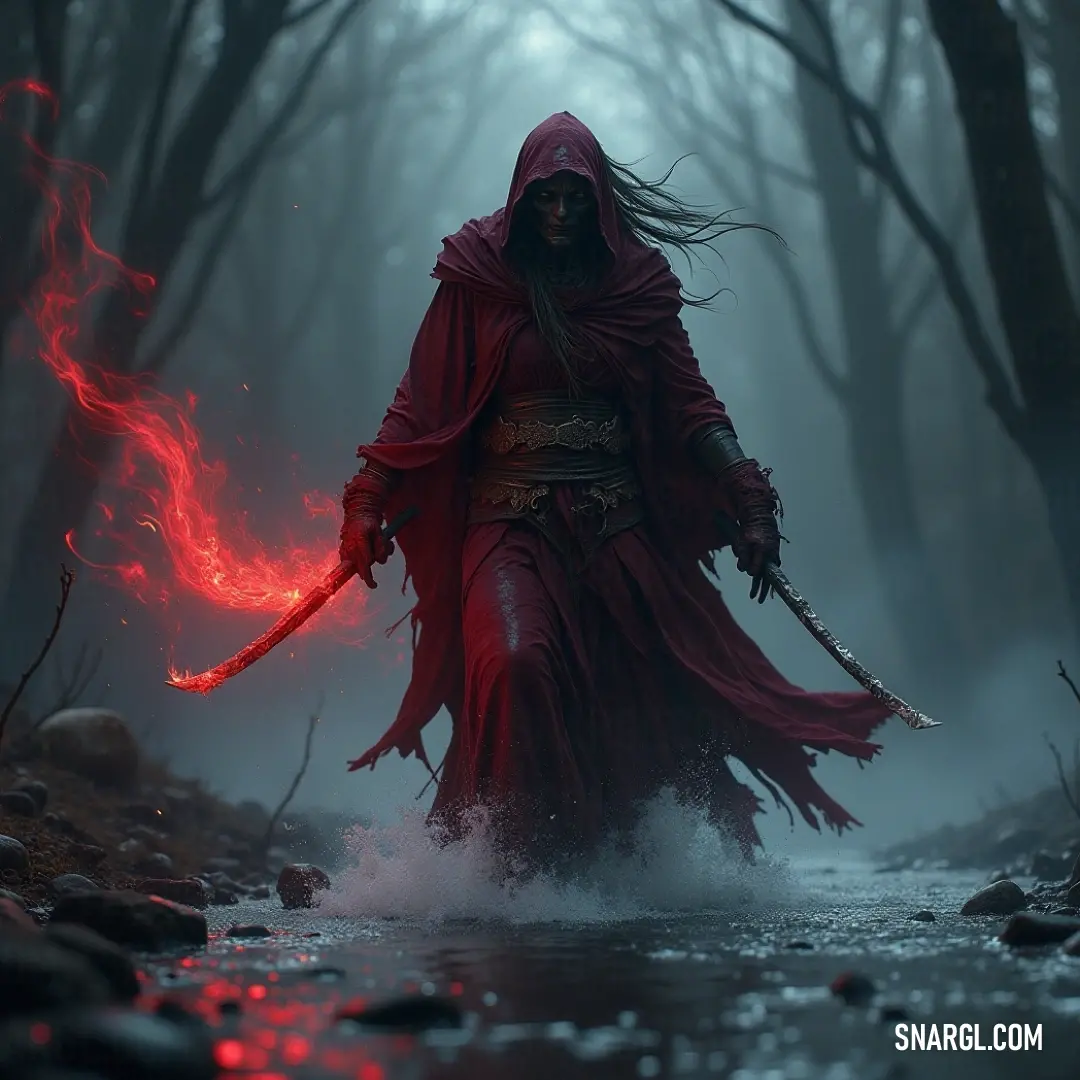 A sinister Dread Walker in a red robe wields a flame-licked sword, infusing the dark forest with an eerie glow and menace. A dread-inducing Dread Walker cloaked in a flowing red robe wields a glowing sword, casting fiery sparks into the dank woodland. The ominous red flames engulf its hands, creating an unsettling yet mesmerizing scene in the dark forest.
