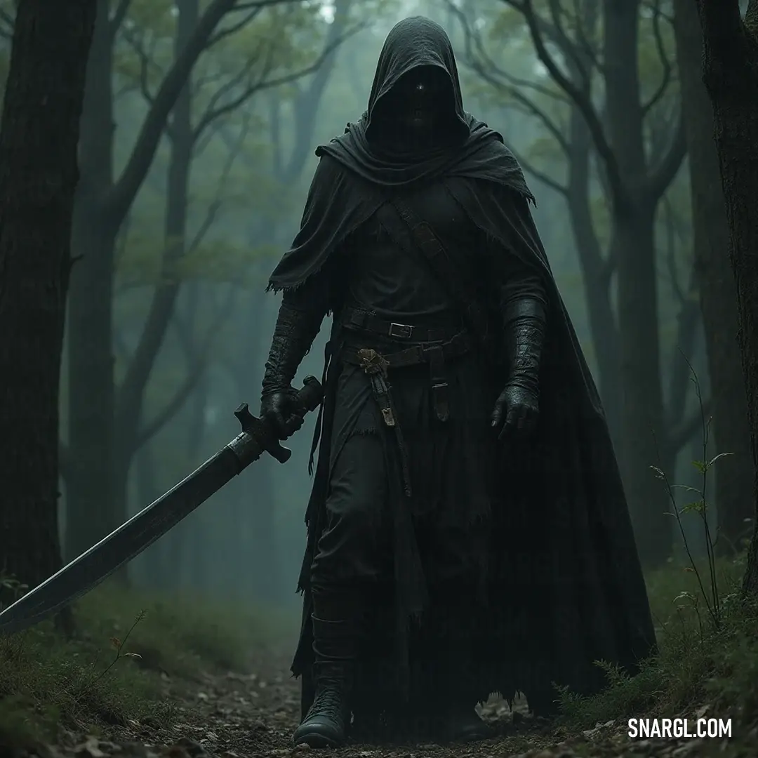 Formidable Wraith in a Tattered Cloak, Armed in an Ancient Forest A formidable wraith dressed in a tattered hooded cloak brandishes a sword while standing guard in an ancient forest, nestled between towering trees, exuding an aura of formidable strength and mystery.