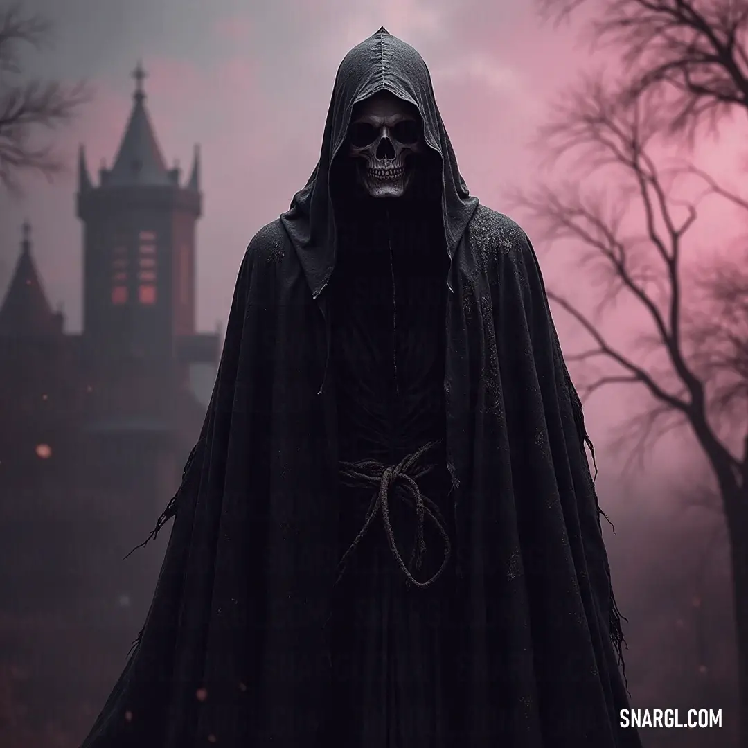 The Dread Wraith, draped in a dark cloak and eerie hat, stands before an ancient castle, its unsettling visage striking fear into the hearts of those who gaze upon it. A foreboding Dread Wraith, clad in a flowing black cloak and topped with a shadowy hat, stands ominously before an ancient castle, its distorted face reflecting a creeping sense of dread that chills the air around it.