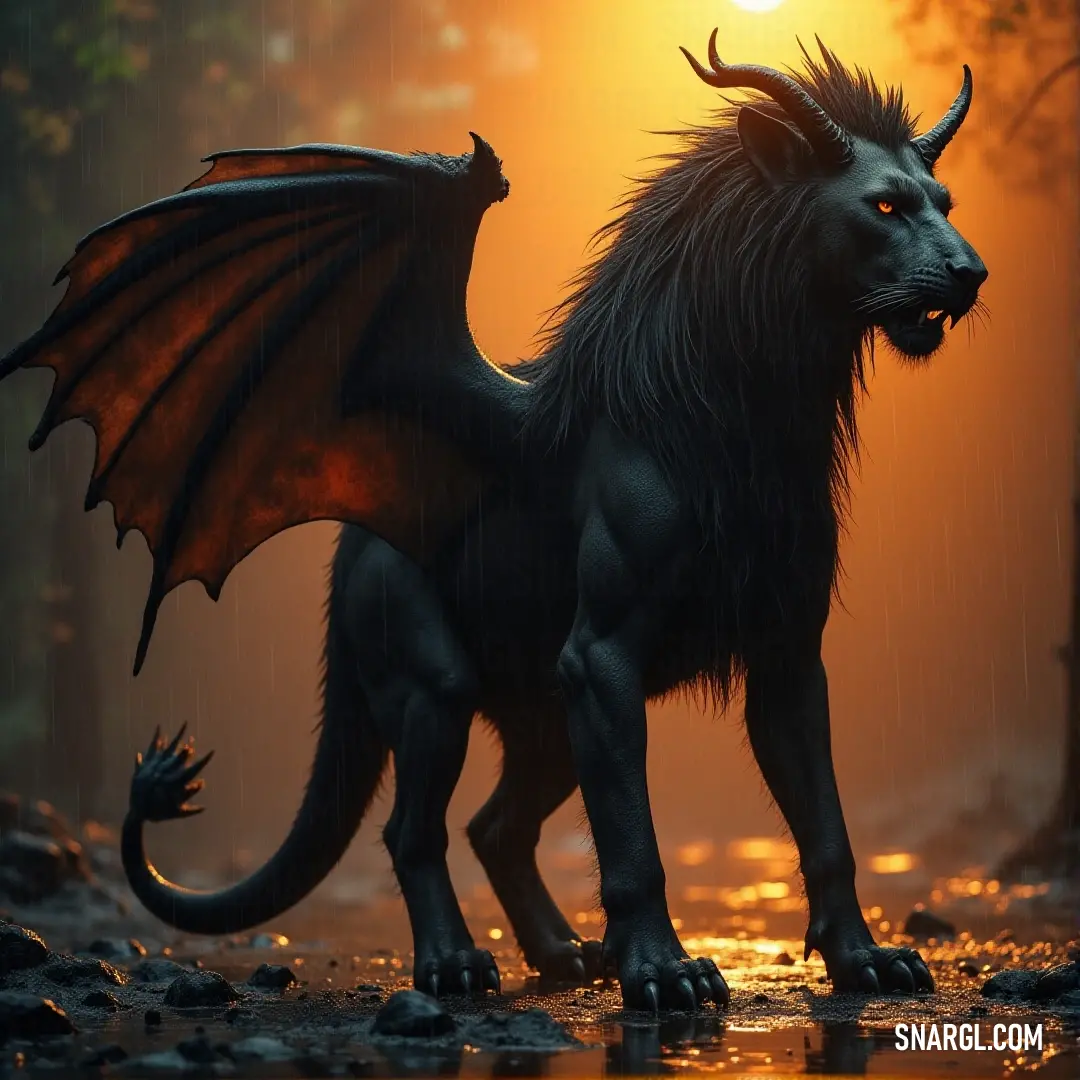 The ominous Black Dreadclaw Manticore stands in the rain, its red eyes shining through the storm, framed by the golden glow of a setting sun. A Black Dreadclaw Manticore, its red eyes gleaming with intensity, stands in the rain, its wings partially spread. The setting sun casts a fiery glow behind it, adding an epic aura to its powerful silhouette.