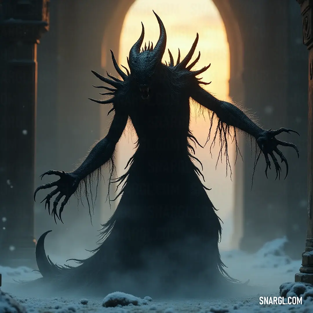 Dramatic Demonic Dreadfiend in Snowy Archway A Demonic Dreadfiend stands dramatically in an ornate snowy archway, arms outstretched, with eyes closed in a moment of quiet intensity that draws attention to its formidable presence.