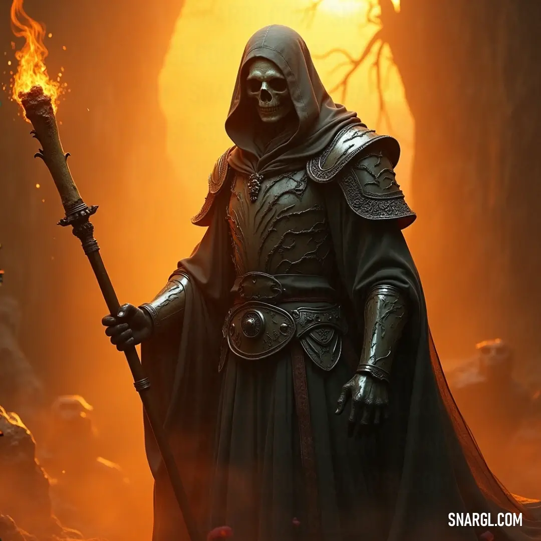 A menacing ghost in a hooded cloak, wielding a staff with fiery flames, stands in a shadowy forest, its chest marked with a skull, casting an ominous glow around it. A sinister ghost cloaked in dark robes stands amidst the shadows of a dense forest, gripping a staff with flames dancing at its tip. A skull is emblazoned on its chest as eerie flames flicker from its hands, casting a ghostly glow in the darkness.