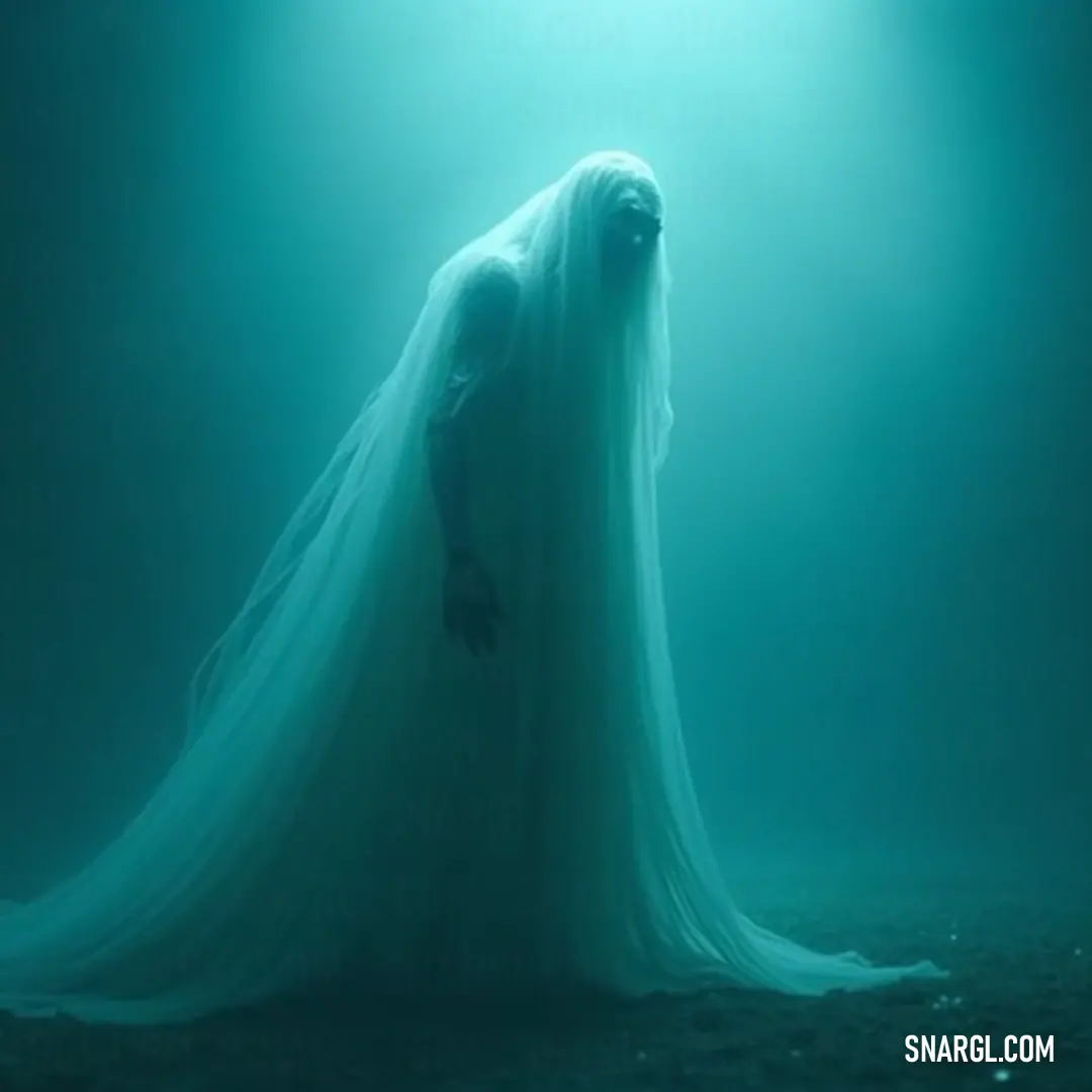 Haunting Figure in a Dark Setting, Illuminated by Light A haunting figure draped in a white gown, enveloped in darkness, her head illuminated by a mysterious light, simulating hope amid despair, as her ghostly presence captivates the surrounding shadows.