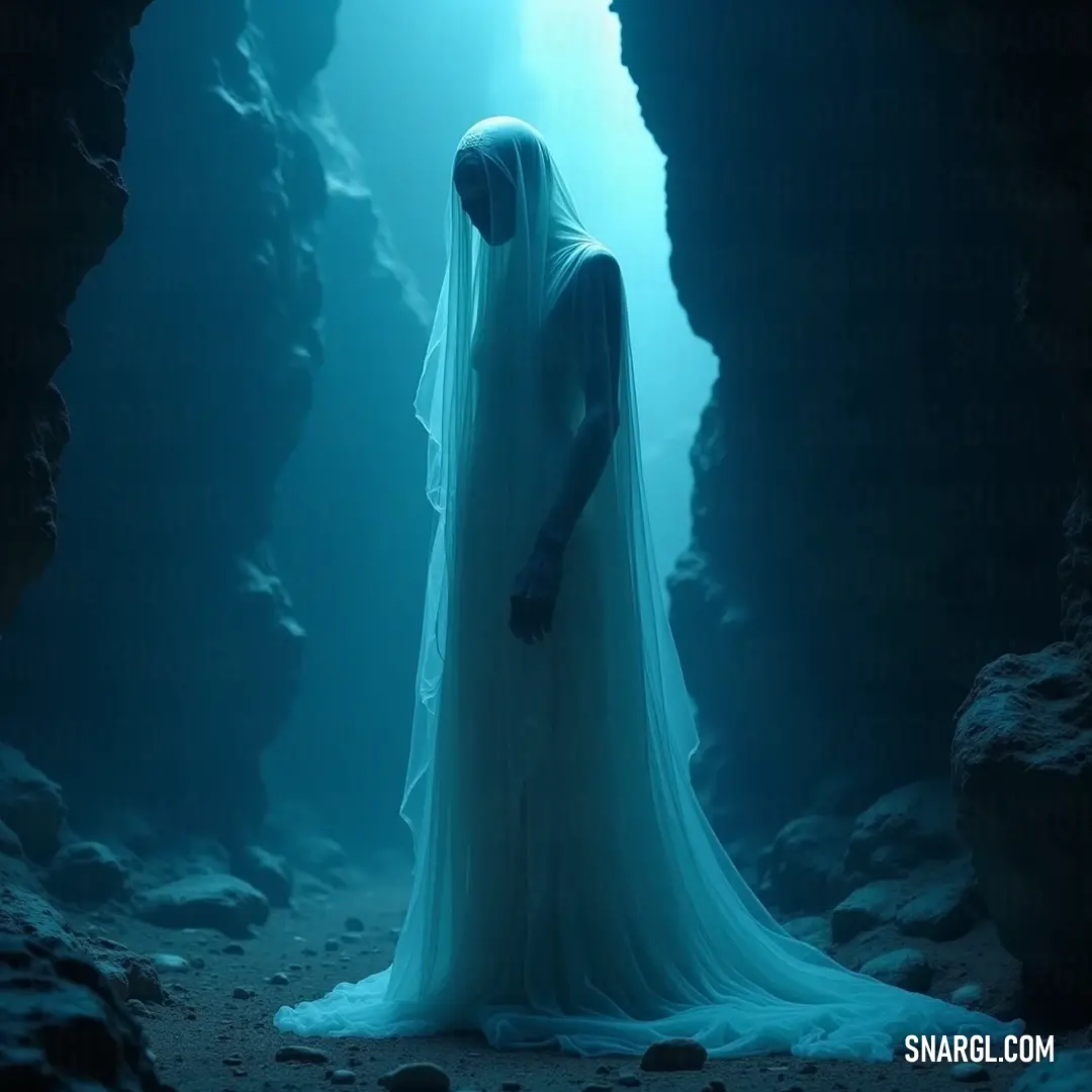 Chilling Apparition in a Shadowy Cave, Radiating Light A chilling apparition dressed in flowing white, standing within a shadowy cave, radiating a soft glow as light pierces the darkness, illuminating a scene filled with eerie beauty and foreboding.