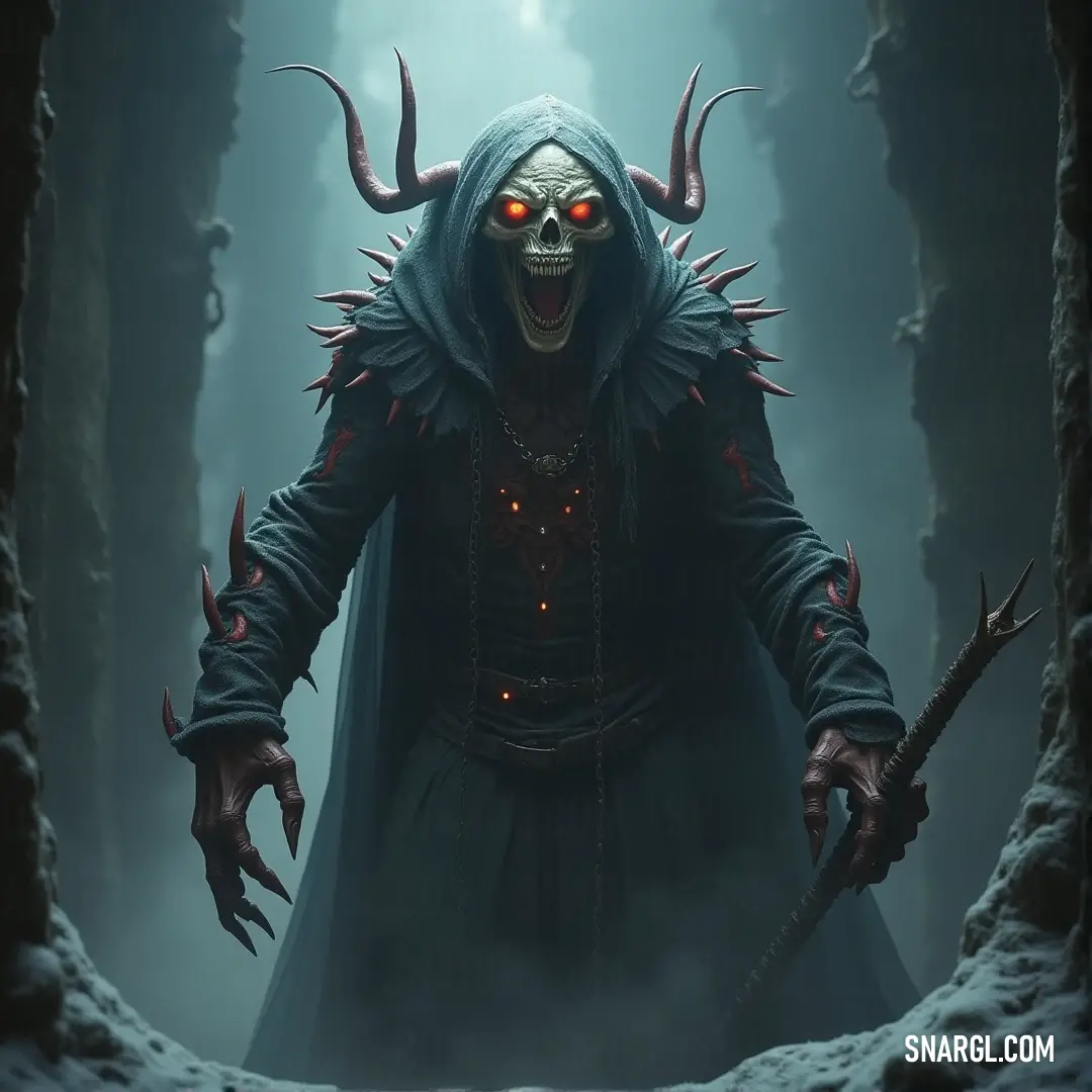 A demonic wight stands in a shadow-filled forest, staff in hand, glowing eyes casting an unsettling light on the surrounding trees. A demonic wight, with glowing eyes and a dark hood, stands in the heart of an ominous forest, his staff raised in the air as the shadows around him pulse with dark energy.