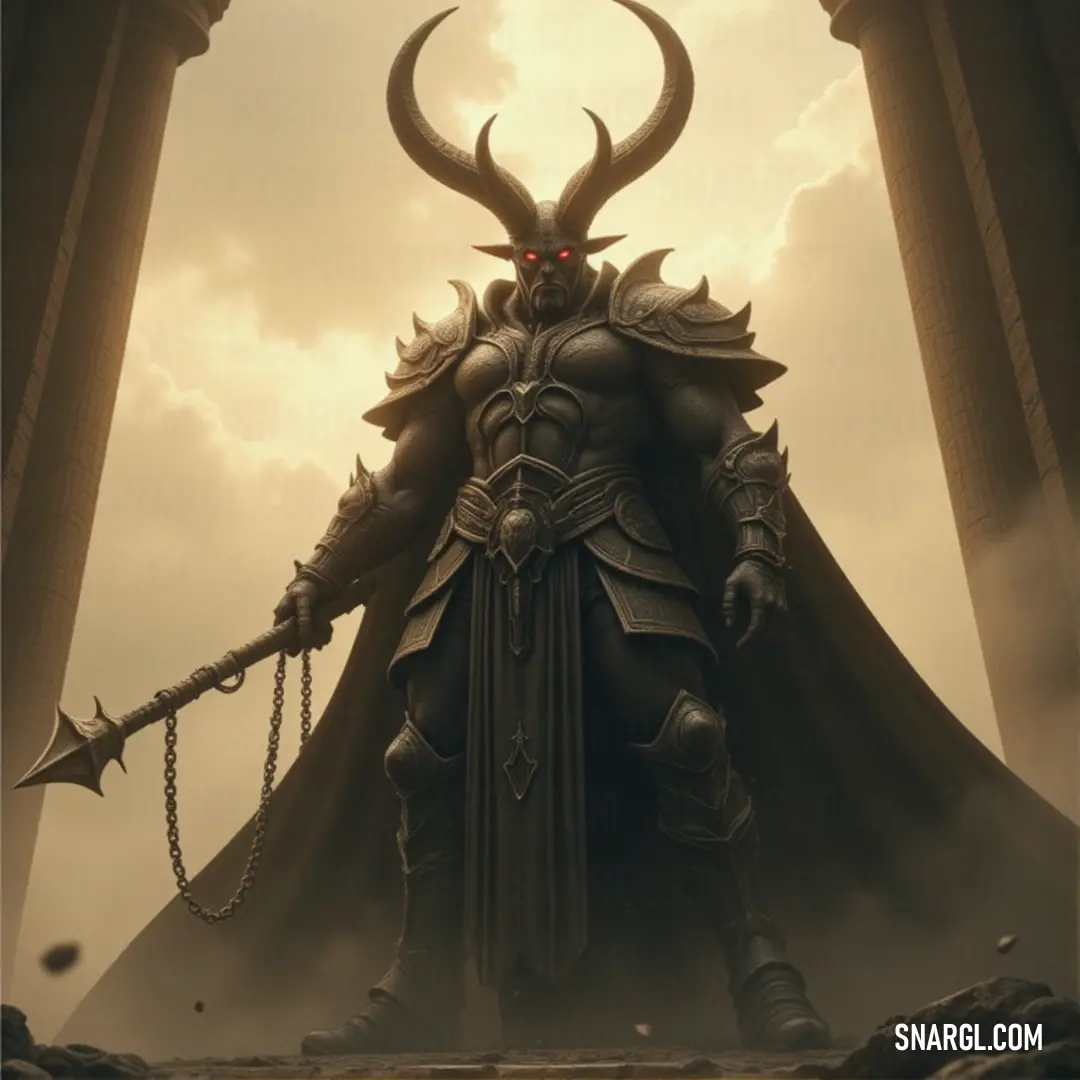 The Dreadlord, adorned with towering horns and a battle-ready stance, stands before a grand, ancient building, the pillars of history looming behind him as he grips his sword with purpose. A fearsome Dreadlord with menacing horns and a horned helmet stands confidently before a massive, ancient building. The pillars rise tall behind him, their shadows stretching as the Dreadlord holds his sword, ready for whatever challenge comes.