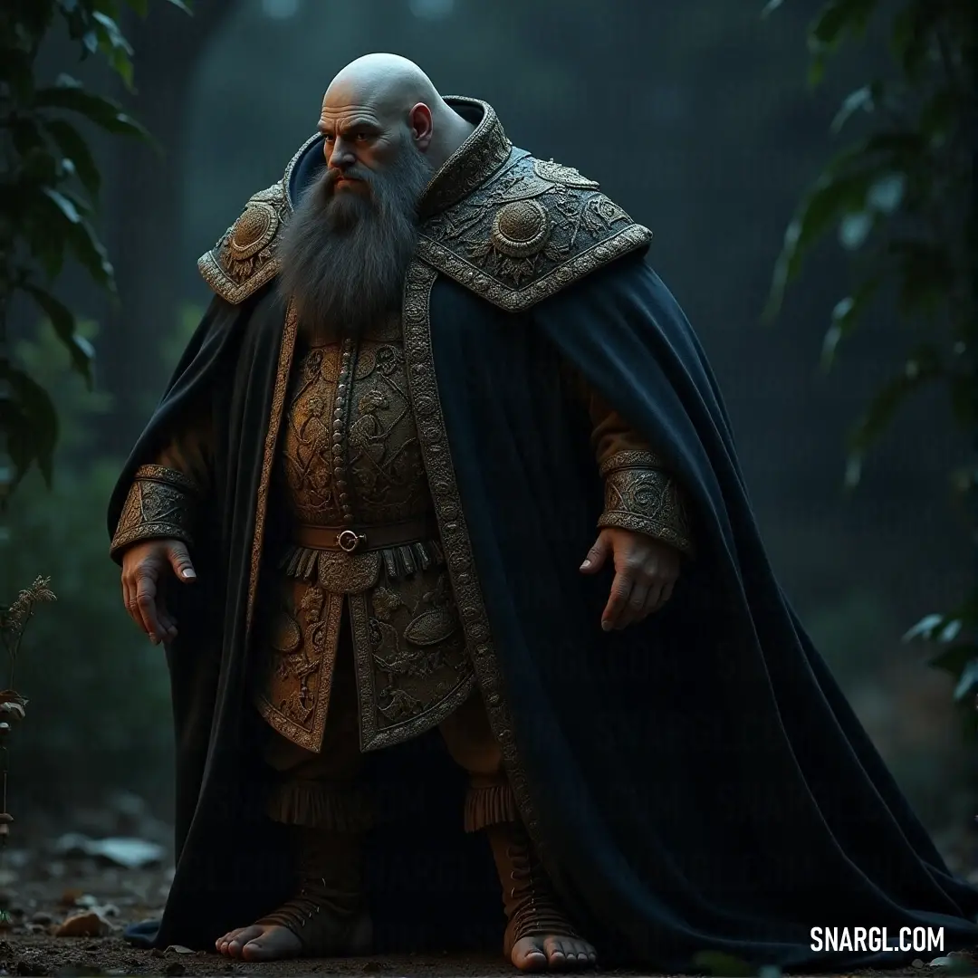 Dreadnought, dressed in black and gold, standing in a forest, exuding strength and readiness for battle. Dreadnought, with a long beard and a commanding presence, stands tall in a dense forest. Cloaked in a black cape and a gold outfit, his regal appearance contrasts with the natural surroundings as he prepares to take on any danger that comes his way.