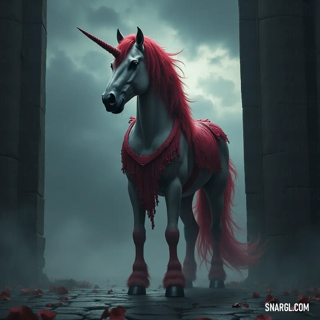 A captivating Dream Steed with a radiant red mane stands within an enigmatic alleyway, surrounded by crimson leaves and a dark, moody sky. A striking Dream Steed with an eye-catching red mane stands confidently in a haunting alleyway, where crimson leaves blanket the ground, embodying the allure of mystery and the promise of unknown adventures lurking in the shadows.