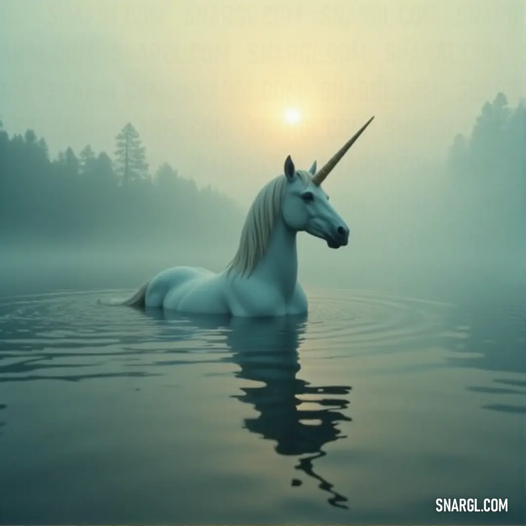 A mystical white unicorn floats effortlessly on calm waters, its reflection mirroring its form in the serene surroundings, creating a peaceful and magical atmosphere. A serene white unicorn with a long horn floats gracefully across the surface of calm water, its reflection mirrored perfectly in the stillness, creating a peaceful, ethereal scene.