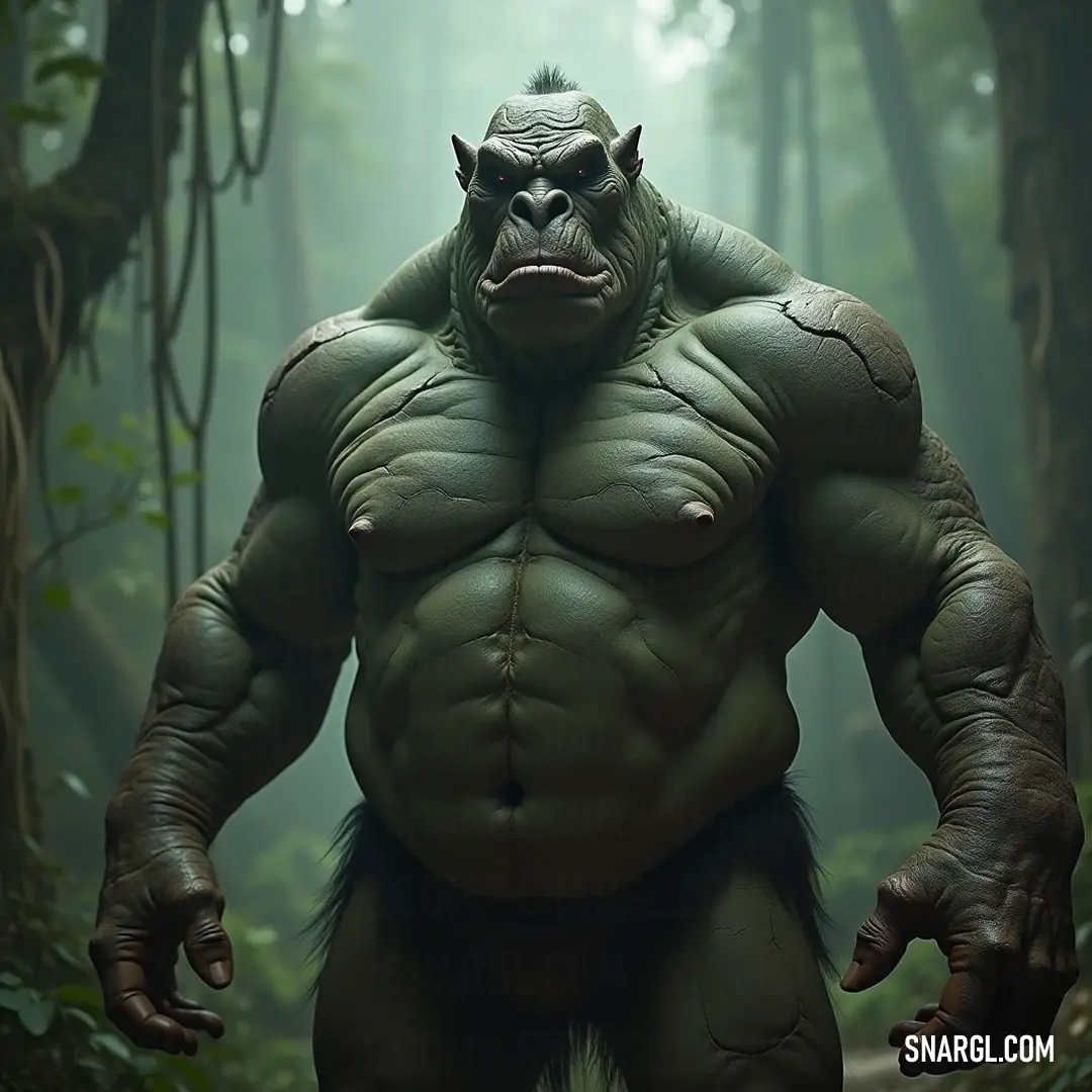 This majestic Drek stands firm in the heart of the forest, a symbol of strength amidst the greenery, its muscular form merging seamlessly with the untamed beauty surrounding it. A robust Drek, filled with raw power, commands the lush forest where trees and bushes dance in the wind, embodying the very spirit of the wilderness in a visceral fashion.