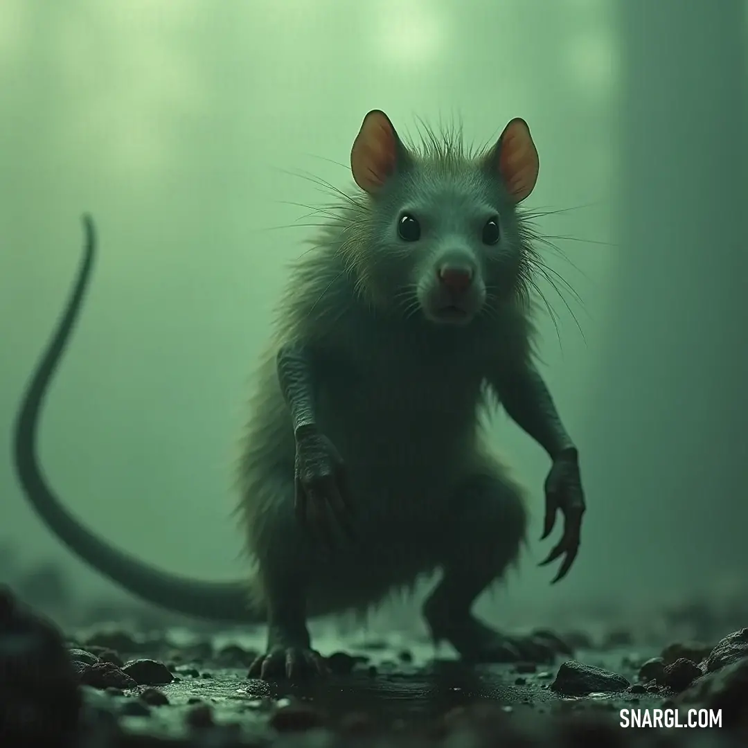 A curious Drek with a long tail and prominent nose stands poised atop a rocky perch, enveloped by a mystical forest shrouded in wisps of fog.