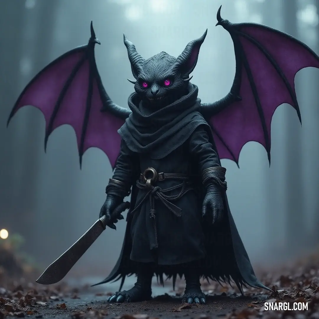 Demonic Drizzle, complete with a knife and flowing cape, navigates a shadowy forest path, shrouded in mystery and suspense. The sinister silhouette of Demonic Drizzle is captured as it brandishes a fierce knife and wears an imposing cape. Set against a fog-laden path in an eerie woods, the dense trees loom in the background, enhancing the creature's chilling presence.