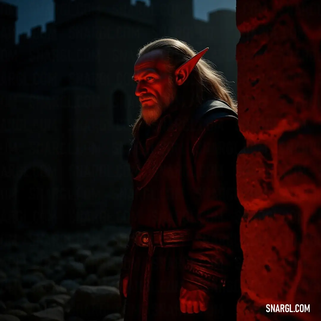 A formidable figure with a horned head stands before a red-lit brick wall, exuding power and mystery. A striking figure with a horned head and a flowing beard stands tall against an industrial backdrop, where a gritty brick wall is illuminated by eerie red light, lending an otherworldly aura to this formidable character poised for action.