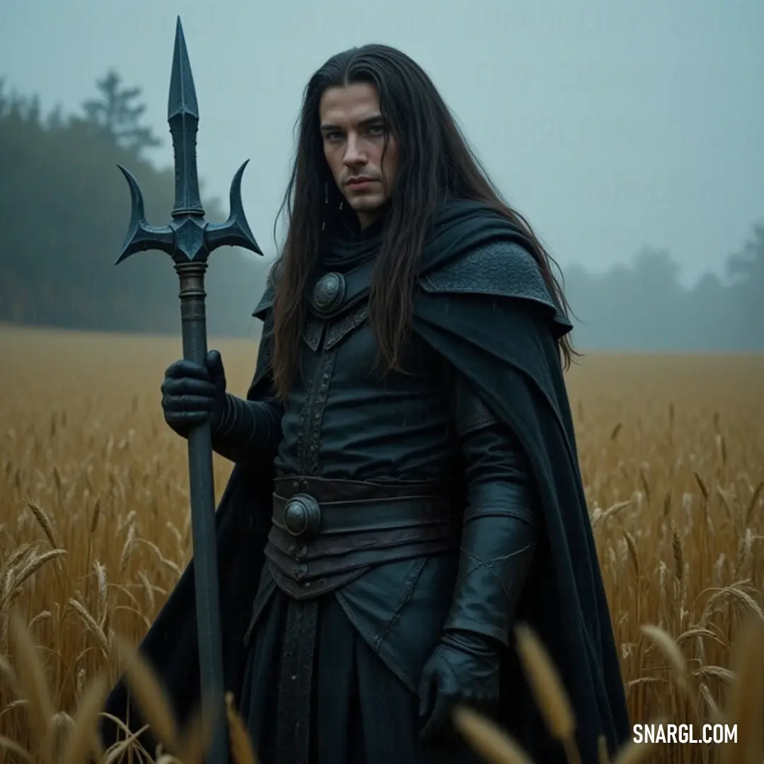 A skilled warrior clad in black stands confidently amidst a field of golden wheat, his sword at the ready, while lush green trees sway gently in the breeze, suggesting both tranquility and the promise of adventure on the horizon.