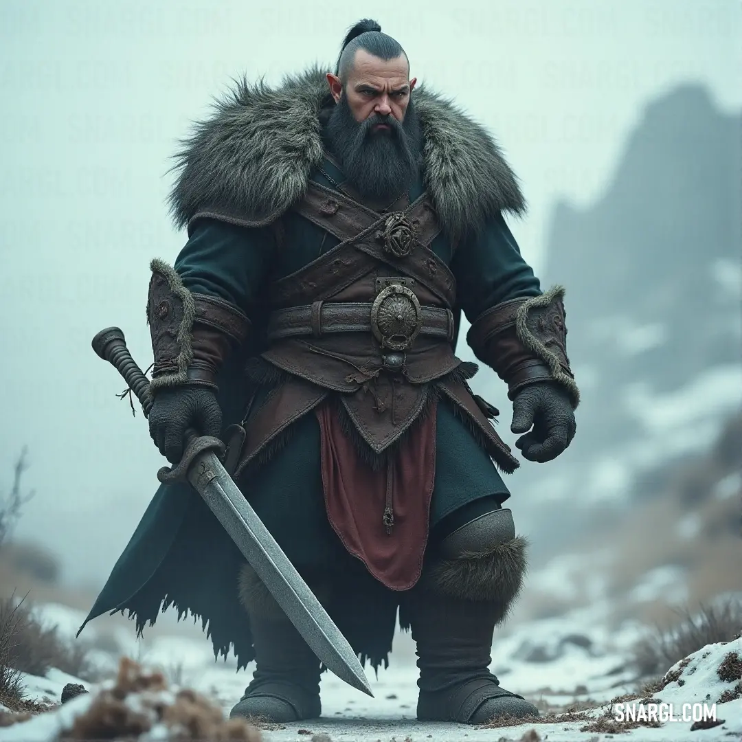 Drogan Deepforge, wrapped in a fur coat, stands tall in a snowy landscape, holding a gleaming sword. The rugged mountains in the distance add to the cold, untamed atmosphere of this frigid wilderness.