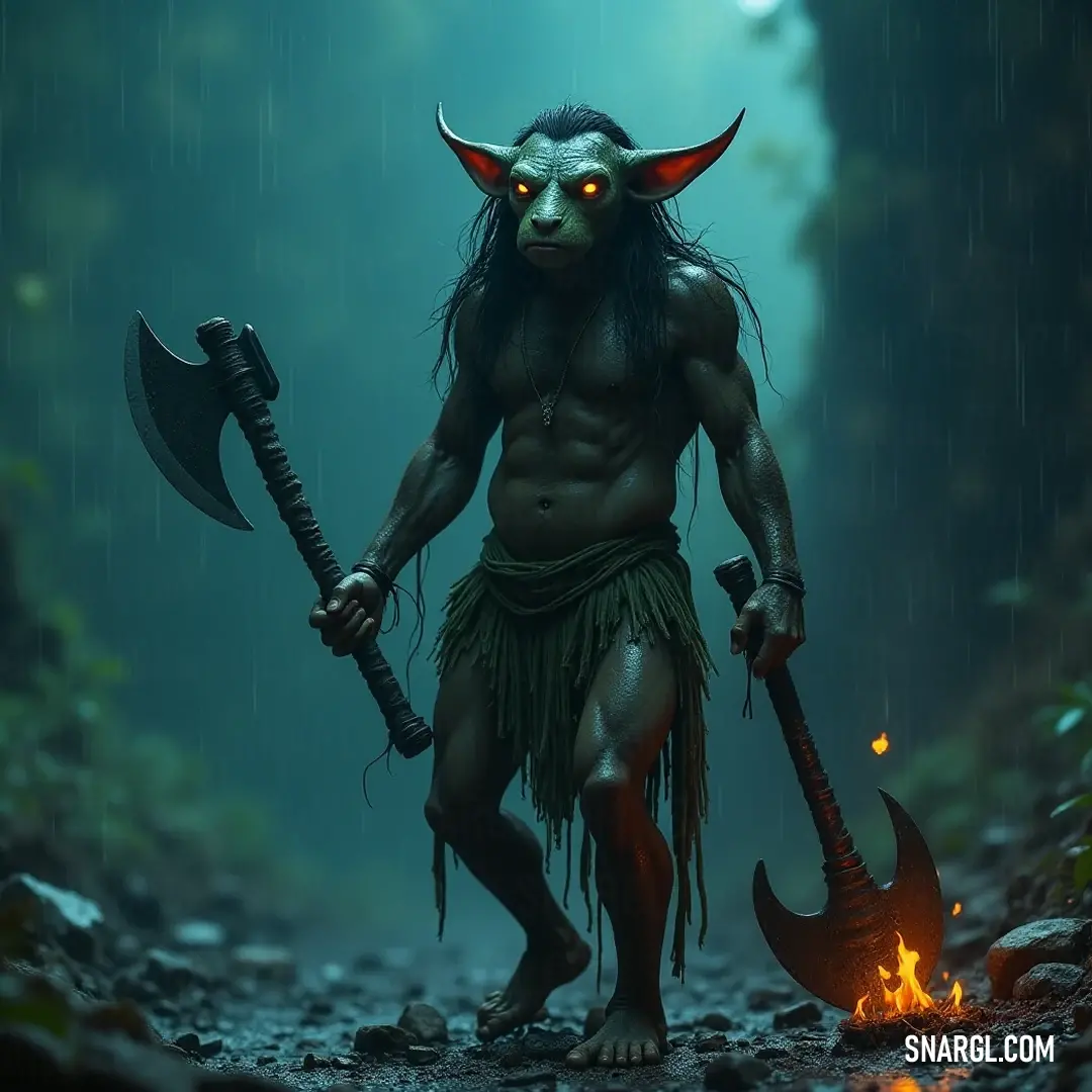 A fierce Drogar holding a blazing fire and an axe, showcasing its indomitable spirit in a captivating forest scene. A powerful Drogar, wielding a massive axe, stands amidst the shadows of a thick forest, with a fire burning brightly in its hand, radiating an aura of strength and determination.