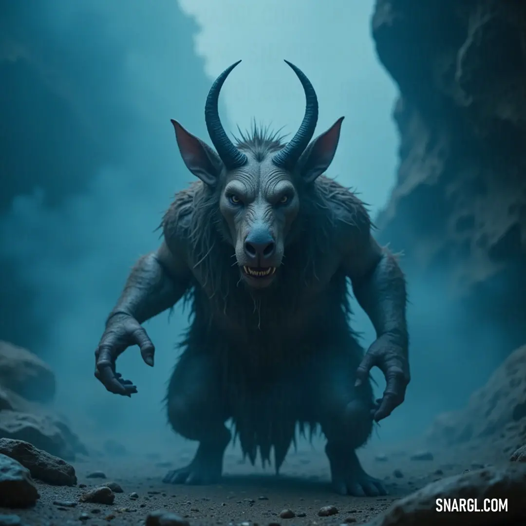 A majestic horned Drogar stands proud amidst foggy rocks, its commanding presence contrasting against a serene blue sky, embodying the spirit of the wild from the shadows of the cave.