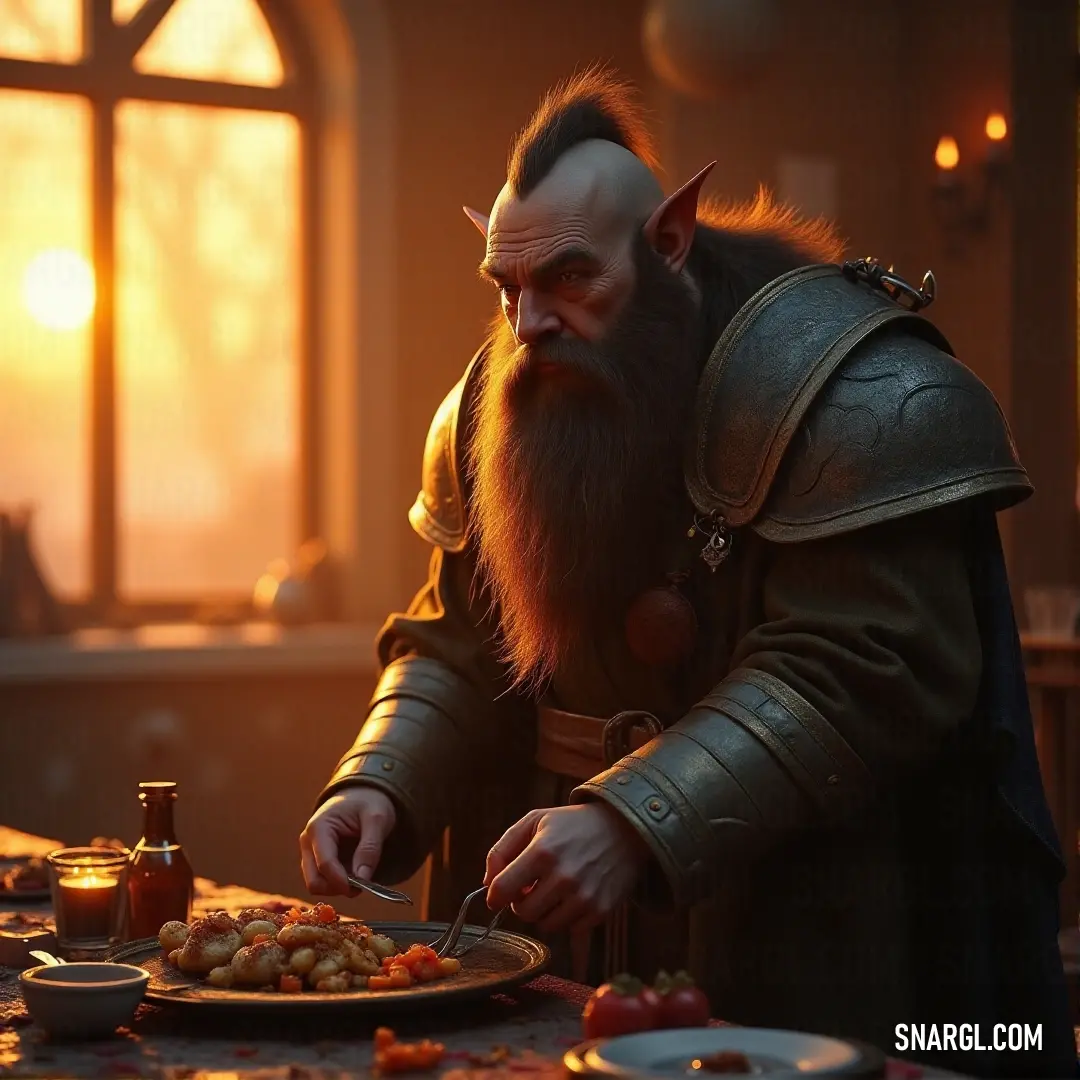 Drong the Hard, in a detailed costume, carefully slices a plate of food with a knife and fork. His focused expression and the meal before him suggest a moment of pause before more important matters.