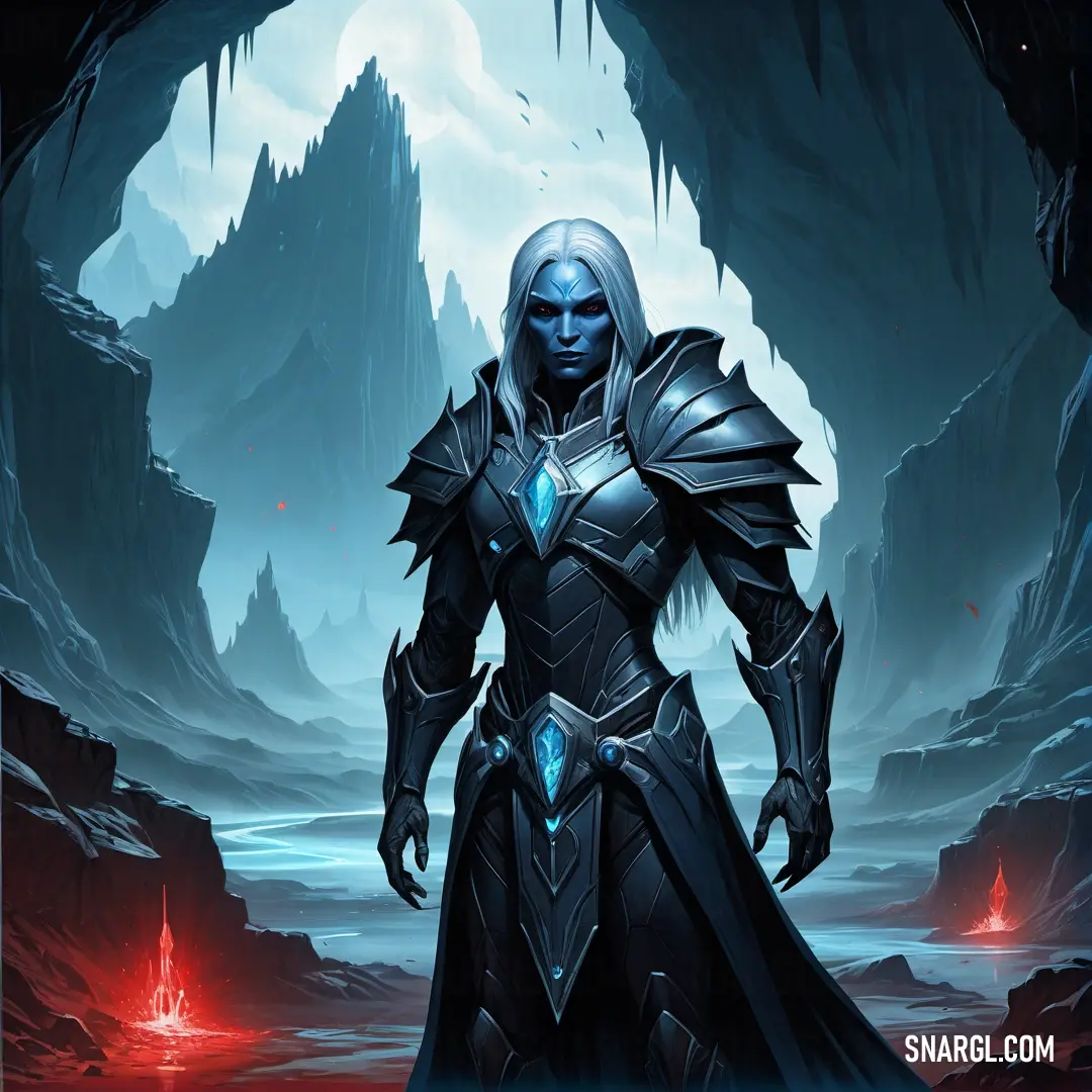 Drow in a black outfit standing in a cave with a sword in his hand