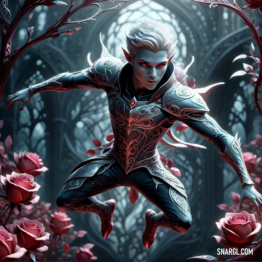 Drow in a costume is jumping in the air with roses around him and a building in the background