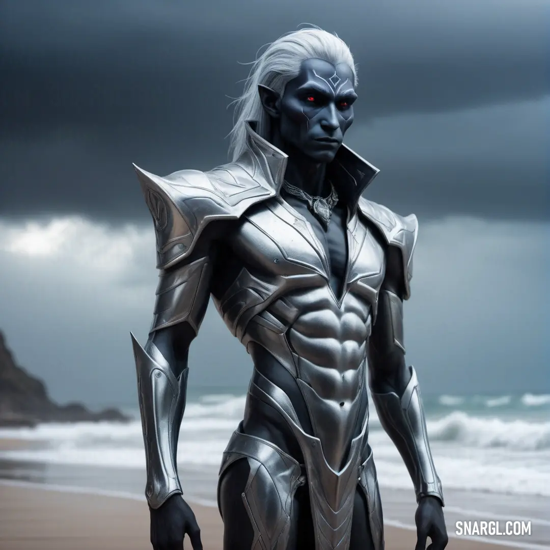 Drow in a silver suit standing on a beach next to the ocean with a dark sky in the background