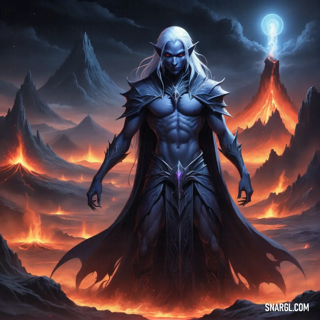 Drow with a sword standing in a desert with mountains in the background