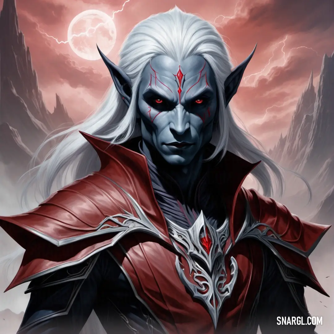 Drow with white hair and red eyes wearing a red cape