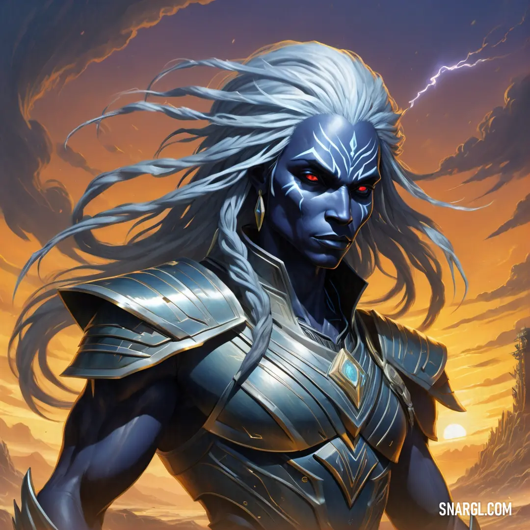 Drow with white hair and a blue face wearing armor and lightning in the background