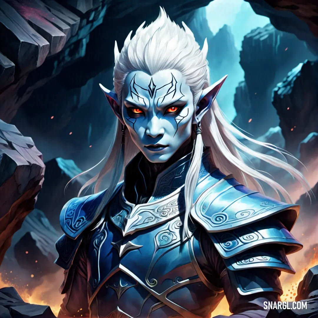 White haired elf with long white hair and a blue outfit in a cave with rocks and lavas