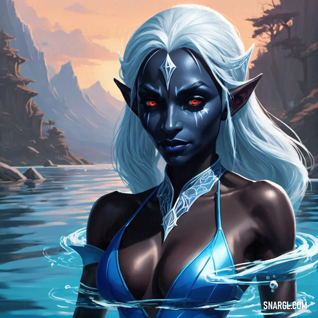 Drow in a bikini in the water with red eyes and a demon like head on her chest