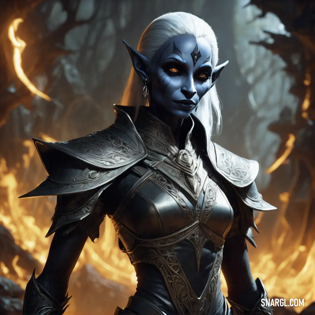 Drow in a black outfit with a white hair and orange eyes stands in front of a fire - filled forest