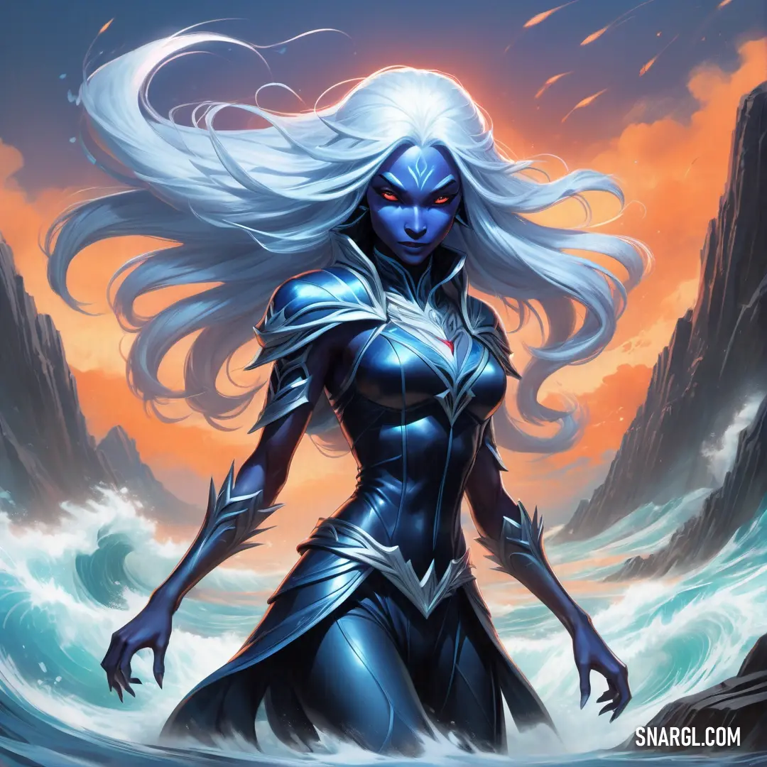 Drow in a blue outfit standing in the water with her hair blowing in the wind and a mountain in the background