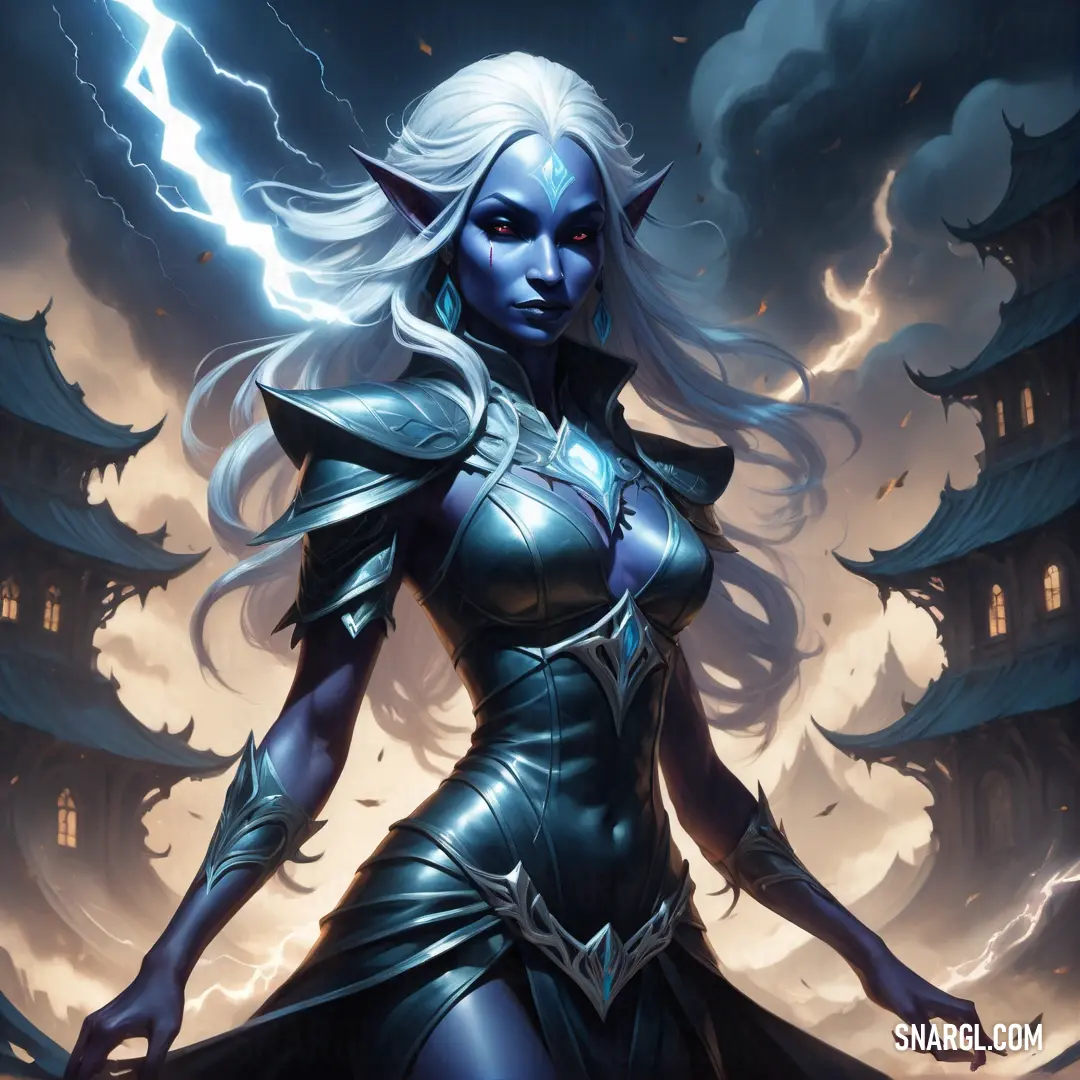 Drow in a blue outfit with lightning in the background