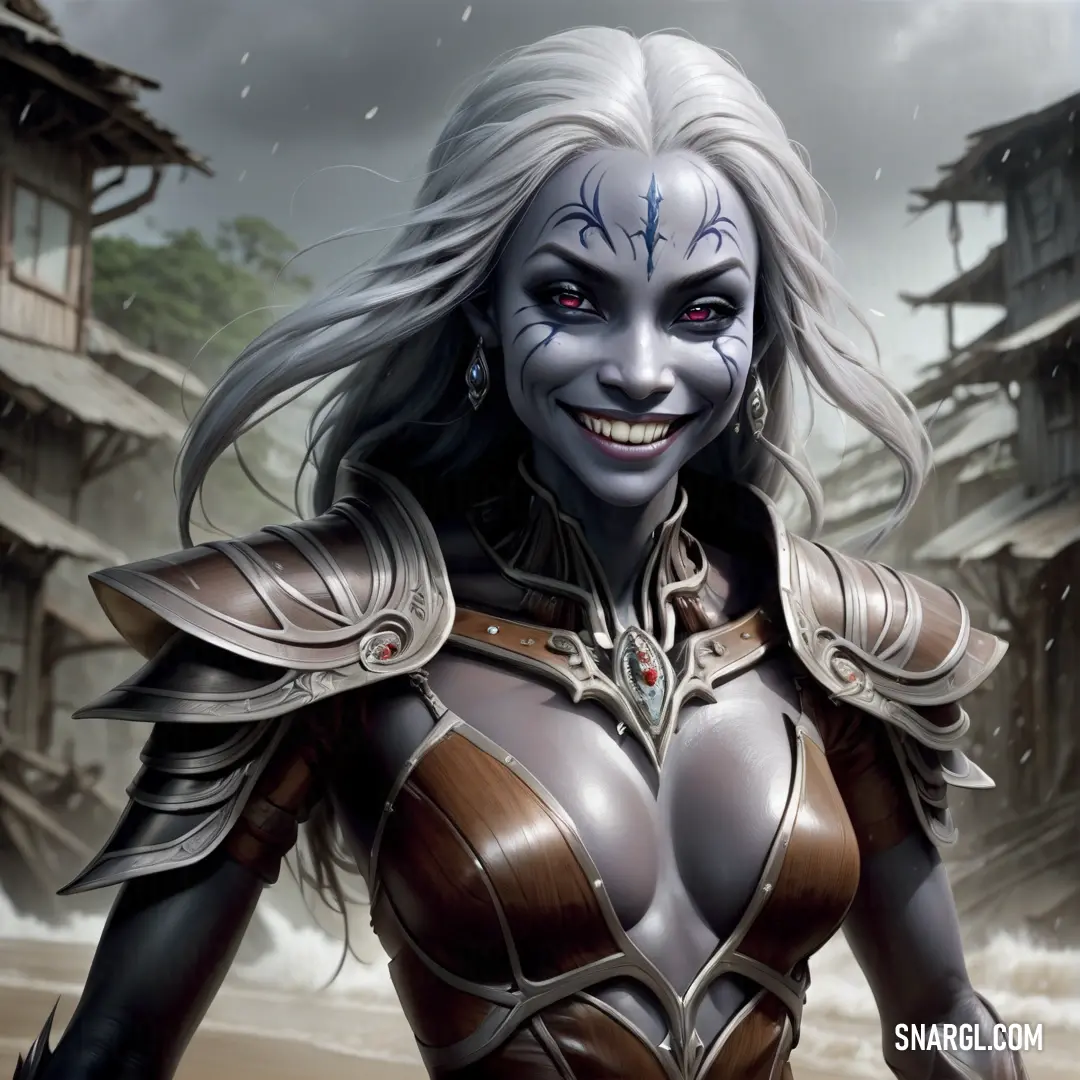 Drow in a costume with a creepy look on her face and chest