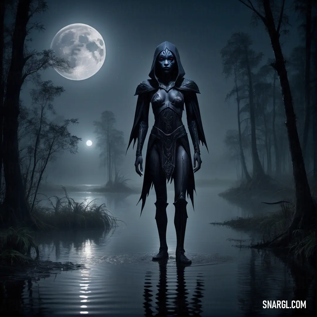Drow in a costume standing in the water at night with a full moon in the background and a swamp in the foreground