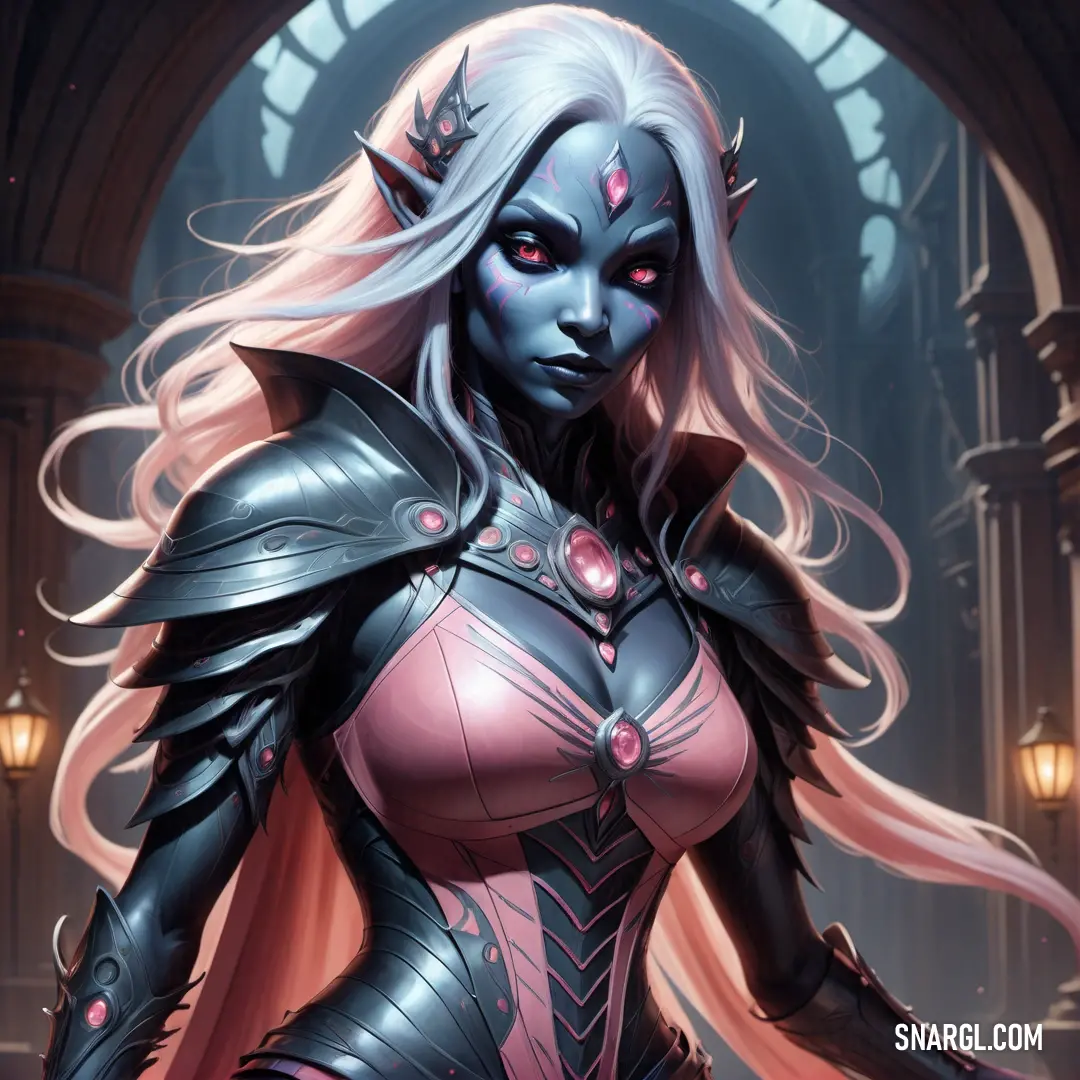 Drow in a costume with horns and a sword in her hand